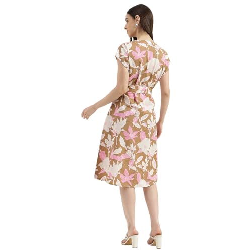 United Colors of Benetton Regular Fit V Neck Floral Extended Sleeve Cotton Linen Dress (Size: XL) - 26P4WVNDR302I901 Beige