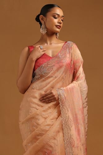 Soch Womens Peach Fendy Organza Embellished Saree With Stone Work