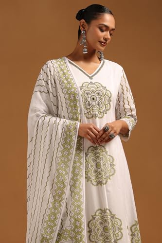 Soch Womens Off White Cotton Ethnic Motifs Suit Set With Beads