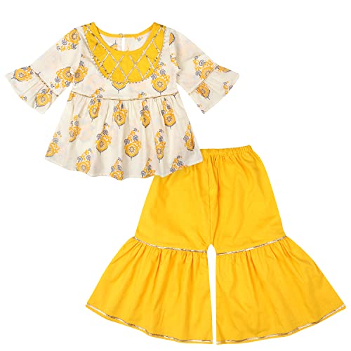 superminis Baby Girls Cotton Sanganeri Printed Kurti with Colorful Sharara Co-ord Set Dress (18-24 Months, Yellow)