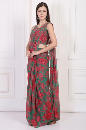 W for Woman Green Floral Printed Pre-Draped Georgette Saree with Blouse - (WS13897-127595-XL)