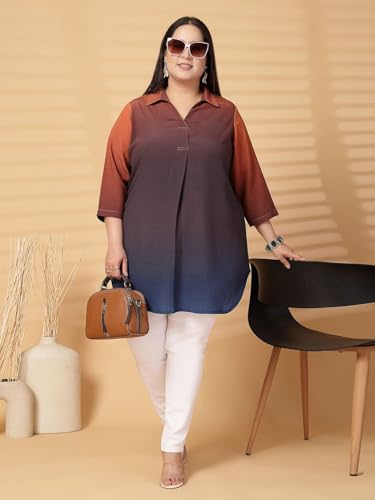 Women Plus Size Ombre Pleated Shirt Collar Regular Top (FSTP23491-BROWNOMBRE-6XL)