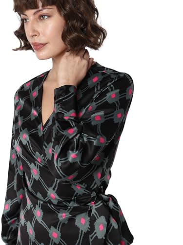 VERO MODA Women Printed Polyester Knee Length Black Wrap Dress