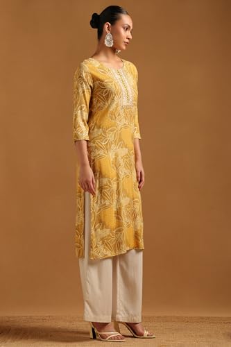 Soch Womens Mustard Rayon Floral Print Kurta with Mirror Work