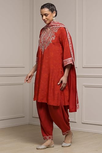 Biba Women Burnt Orange Viscose Blend Straight Printed Suit Set_32