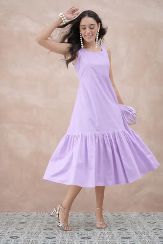 GulaboSitabo Women’s Pure Cotton Corset Dress | Sleeveless, Scoop Neck, Fitted Waist, Gathered Hem, Calf Length | Stylish Trendy Summer Western Dress for Women | Party Holiday Lavender