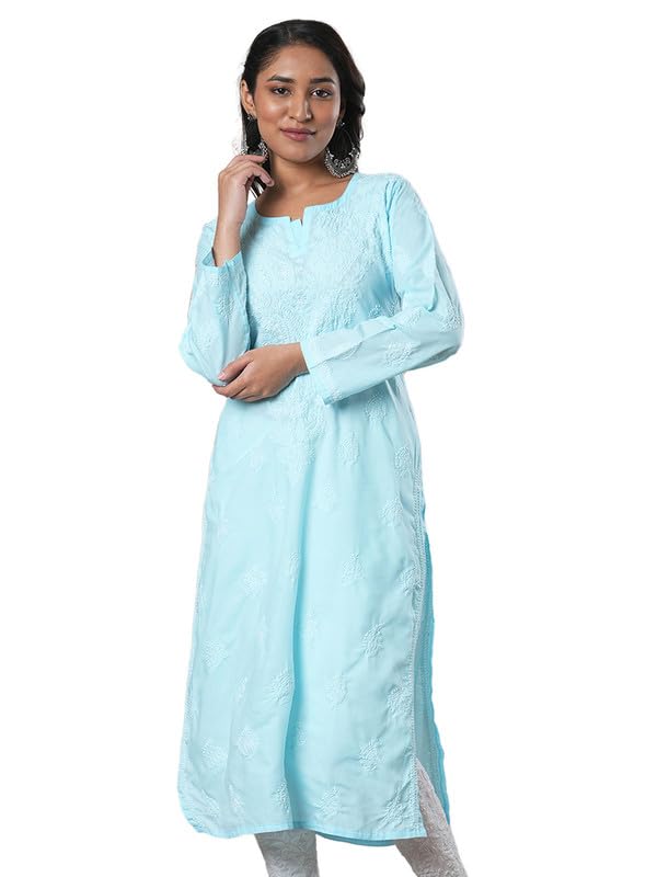 Ada Hand Embroidered Lucknowi Chikankari Cotton Kurta Kurti for Women A411688 Blue (4XL)