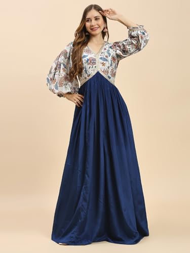 madhuram textiles Women's Chinon Gown For Women Ethnic With Digital Print And Embroidery Work Long Gown(M-2453 Mor Pichch_Small) Blue
