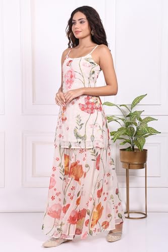W for Woman White Floral Printed Crepe A-Line Kurta with Culotte and Dupatta Set - (WS13913-127594-M)