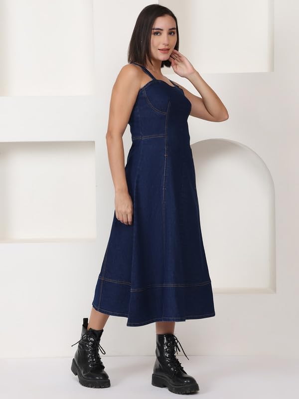 Puella Women’s Dark Blue Sleeveless Flared Denim Midi Dress | Sweetheart Neck | Fit & Flare Style | Stretchable Cotton | Casual Western Dress
