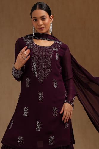 Soch Womens Wine Georgette Suit Set With Mukaish Work