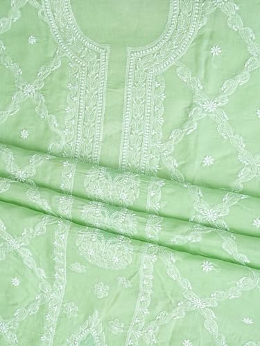 Ada Hand Embroidered Lucknowi Chikankari Unstitched Cotton Dress Material Suit Piece with Dupatta for Women 01A869347 Light Green