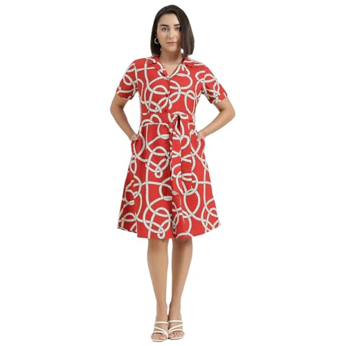 United Colors of Benetton Regular Fit Resort Collar Printed Dress (Size : 2XL) - 26P4WVNDR312I902 Red
