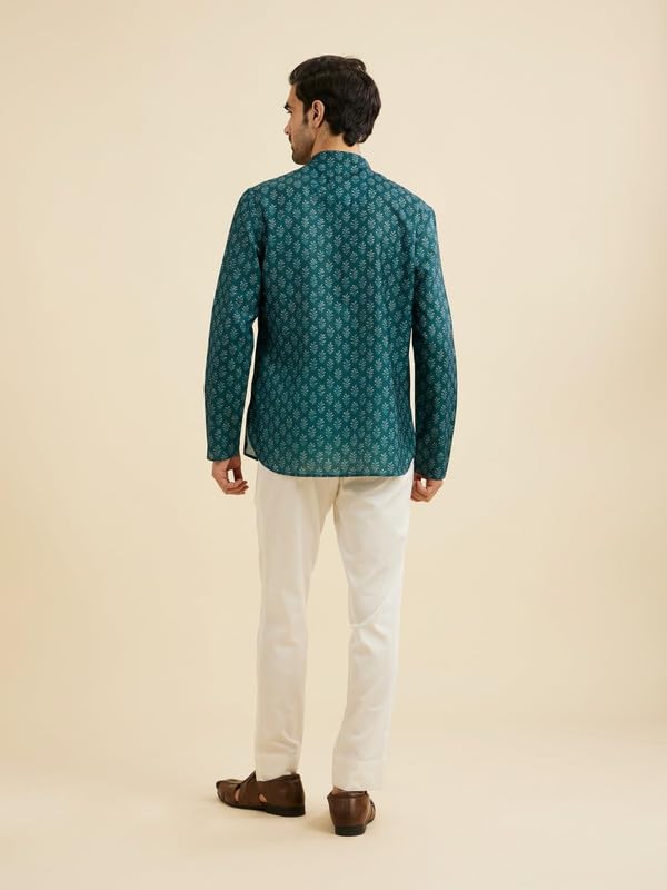 Manyavar Men's Cotton Blend Digital Print Short Kurta (Teal Green,M)