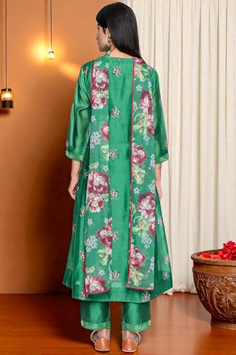 W for Woman Green Printed Chanderi Flared Kurta, Straight Pant and Dupatta Set (Size: M)-WS12961-125861