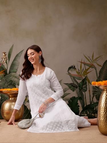 Ada Hand Embroidered Lucknow Chikankari Women's Cotton Blend Kurta with Slip A411117 (L, White)
