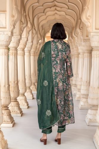 W for Woman Floral Printed Metallic Embroidered Flared Kota Doria Kurta with Pant and Dupatta Set - Green (WS13278-126619-3XL)