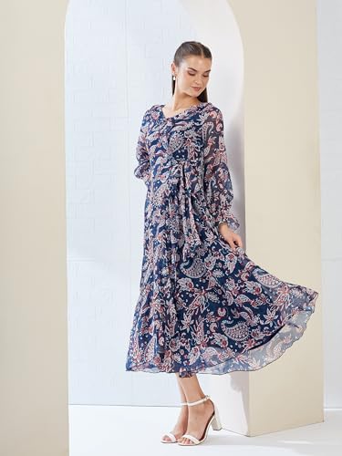 Miss Chase Women's V Neck Full Sleeves Polyester Relaxed Fit Midi Length Dress (MCAW25D85-78-178-02, Multicolored Base Navy Blue, XS)
