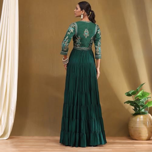 BIBA Emerald Green Silk Festive Tiered Anarkali Dress