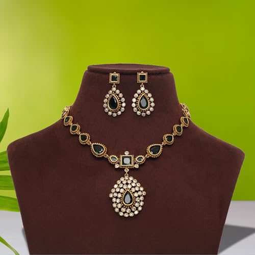 ZYRA JEWELS Celebrity Inspired Emerald Green AD Necklace Set | Gold Plated Kundan Style Traditional Designer Jewellery with Earrings for Women and Girls