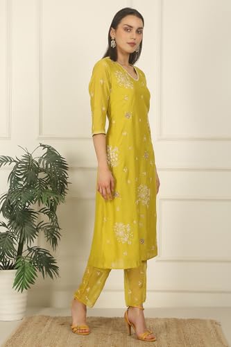 W for Woman Celery Green Embroidered Chanderi Straight Kurta, Pants and Dupatta Set (Size: XS)-WS12516-223370