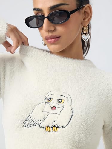 The Souled Store Harry Potter: Hedwig Women and Girls Full Sleeves Round Neck Off White Embroidered Nylon Regular Fit Soft Furry Casual Winter Pullover Sweaters
