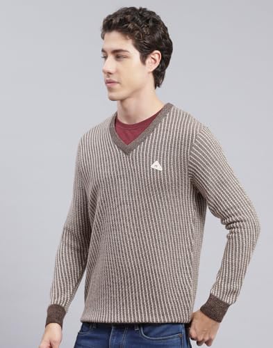 Monte Carlo Dark Brown Multi Self Design V Neck Pullover | Warm Woolen Pullover for Men | Soft Comfortable Knitted Winter Wear Sweater for Men's