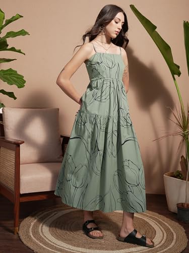 Vishudh Women Sleeveless Tie Neck Dress VVa1000071 Green S