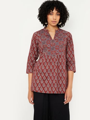 Max Women Print Straight Short Kurti (Maroon_L)