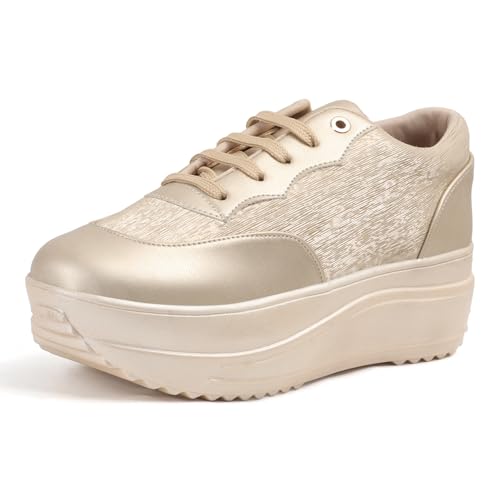 Vendoz Women Casual Wedding & Party High Heel Sneakers I Cushioned Insole I Glittery & Mettalic Bridal Wear I Lightweight and Stylish Shoes for Girls CNV4047GL-36 Gold