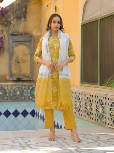 Divena Mustard Floral Print Cotton Straight fit Kurta Pant with Dupatta
