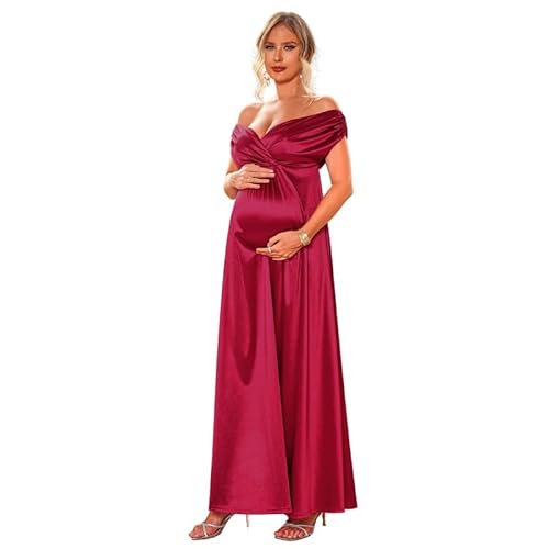 Marivoné® Off Shoulder Maternity Maxi Dress | V Neck Flowy Pregnancy Gown for Photoshoot | Baby Shower Dress | L | Red