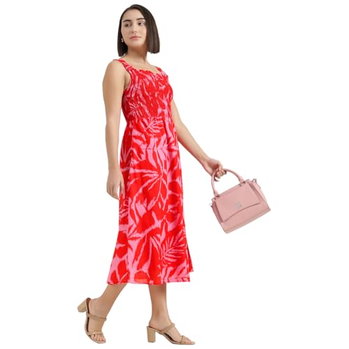 United Colors of Benetton Regular Fit Shoulder Straps Printed Dress (Size : L) - 26P4WVNDR327I901 Red