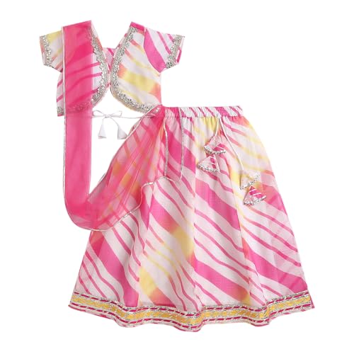 Hopscotch Girls Short Sleeves Pink 3-Pc Leheriya Lehenga Set For Age (4-5 Years)