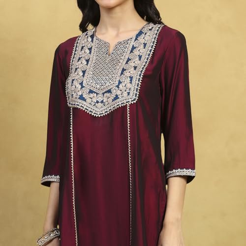 Rangriti Women Wine Polyester Blend Solid Straight Kurta Set_38