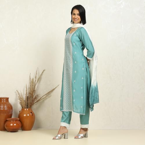 Blue Silk Blend Machine Embroidered Unstitched Suit Set