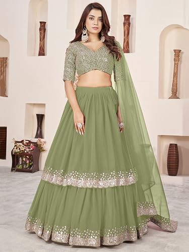 Zeel Clothing Women's Sequins Embroidered Georgette New Lehenga Choli with Dupatta (5066-Olive-Womens-Lehenga-Choli-Latest; Free Size) (Olive)