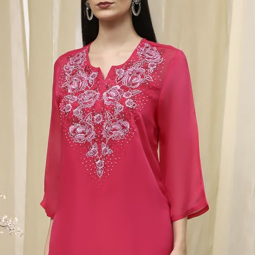 BIBA Women Fuchsia Embroidered Straight Suit Set_36