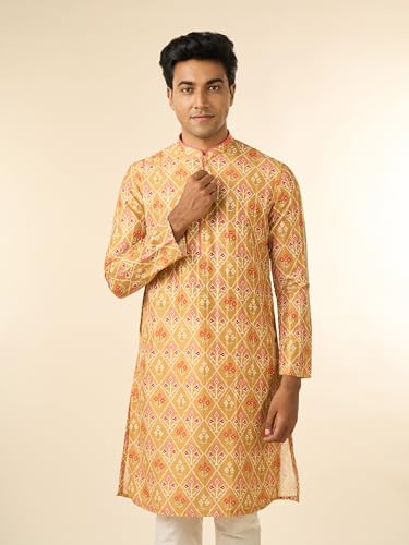 DIWAS BY MANYAVAR Men's Art Silk Ikat Style Printed Kurta Set (Mustard,M)