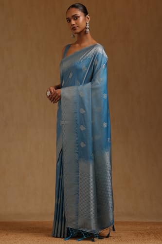 Soch Womens Blue Viscose Silk Ethnic Motifs Zari Woven Saree