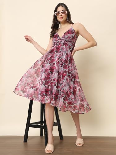 Trend Arrest.ed Women’s Floral Fit & Flare Midi Dress | V-Neck Organza Dress with Lining | Lightweight Spaghetti Strap Style for Brunch, Travel & Day Events (D5365_Multicolour_L)