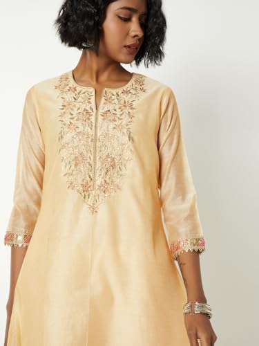 Max Women Embroidered A-line Kurta Set(Beige_S)