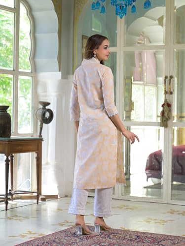 Divena Peach Block Print Cotton Straight Kurta Pant with Dupatta