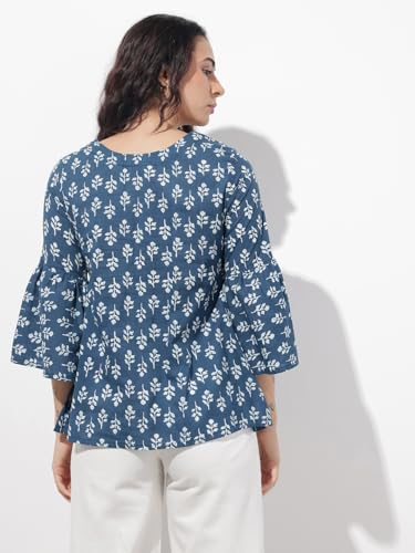 Divena Blue Floral Round Neck Peplum Top