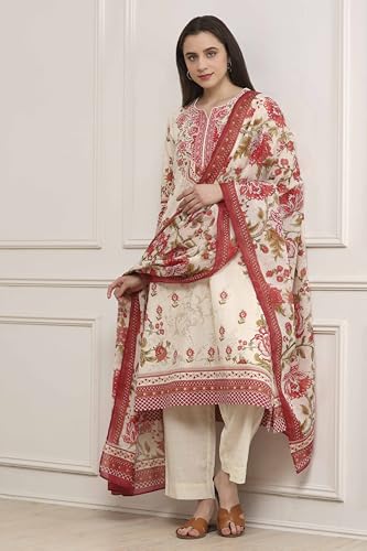 Biba Women Off White Cotton Printed Straight Suit Set_32