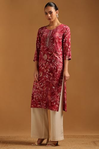 Soch Womens Onion Pink Rayon Floral Print Kurta with Mirror Work
