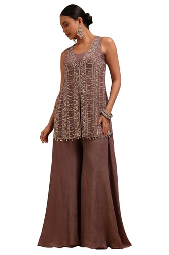 Soch Womens Purple Tissue Embroidered Co-Ord Set With Cutdana