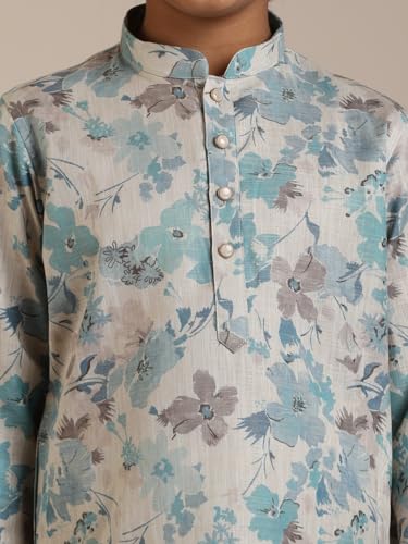 Manyavar Aqua Green Blended Linen Digital Print Kurta Pyjama Set for Child(12-14 years)