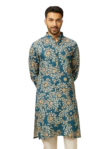 Manyavar Men's Teal Blue Bel Buti Patterned Kurta (M)