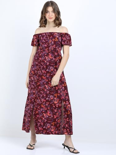 Tokyo Talkies Women Off Shoulder Neck Short Sleeve Maxi Dress TTJ6010774 Maroon S